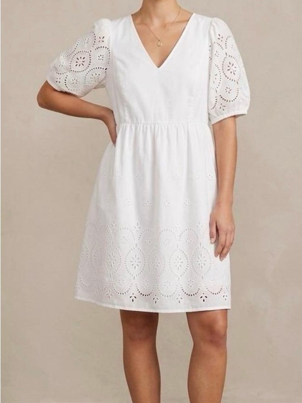 Old Navy White Eyelet V-Neck Puff Sleeve Dress